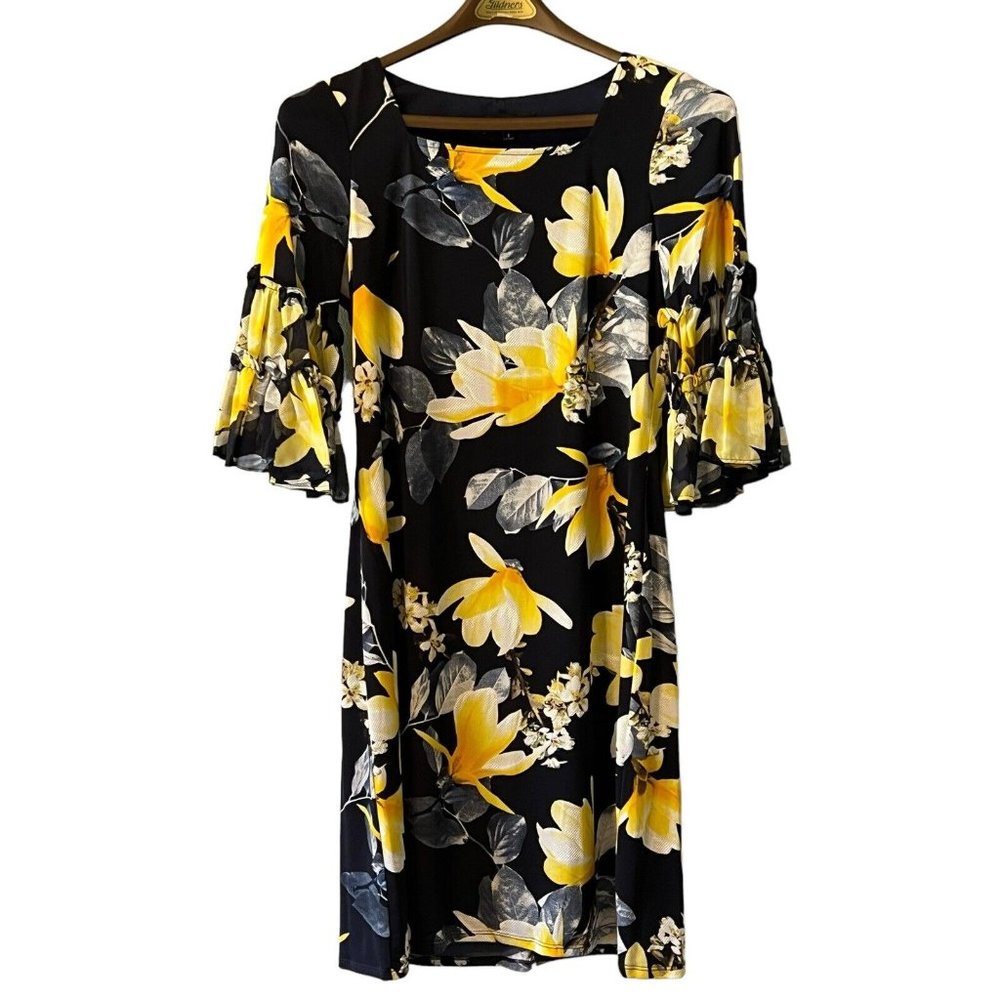 Glamour Dress Size 8 Floral Print Ruffle Bell Sleeves Pullover Casual Textured